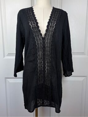 La Blanca Black Crochet Trim V-Neck mini dress